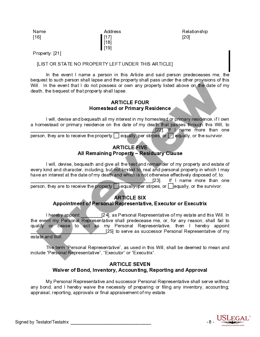 Preview Last Will and Testament for Divorced Person Not Remarried with No Children