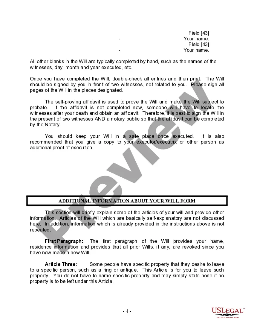 Preview Last Will and Testament for Divorced person not Remarried with Minor Children