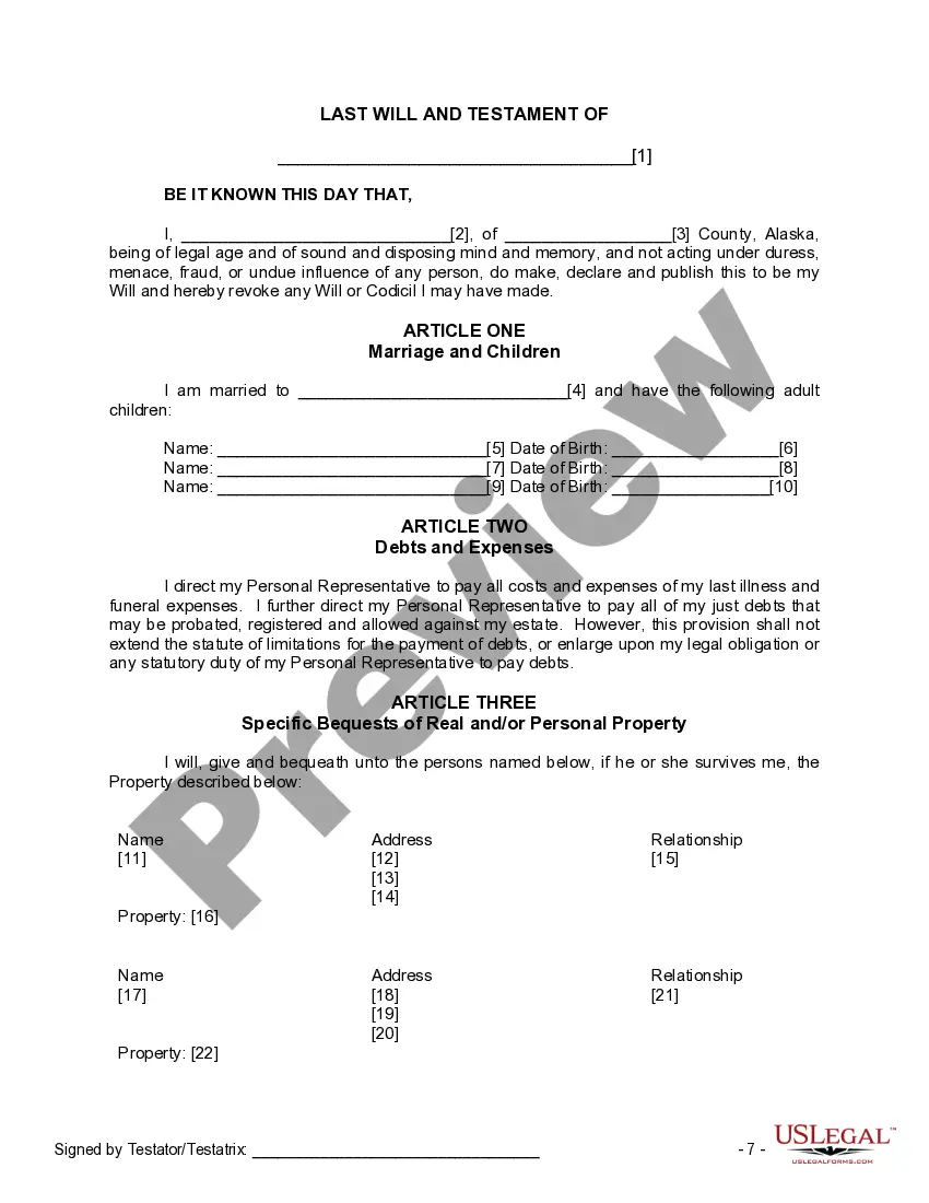 Preview Last Will and Testament for Married person with Adult Children