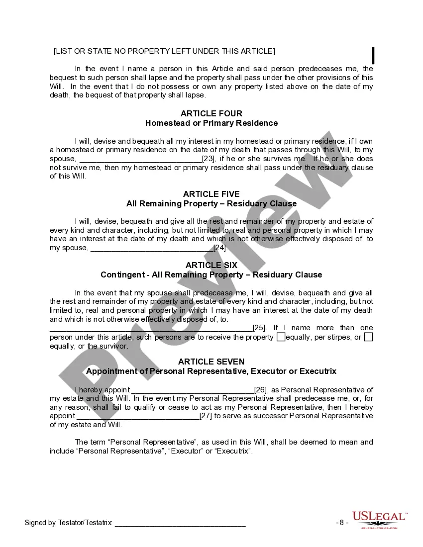 Preview Last Will and Testament for a Married Person with No Children