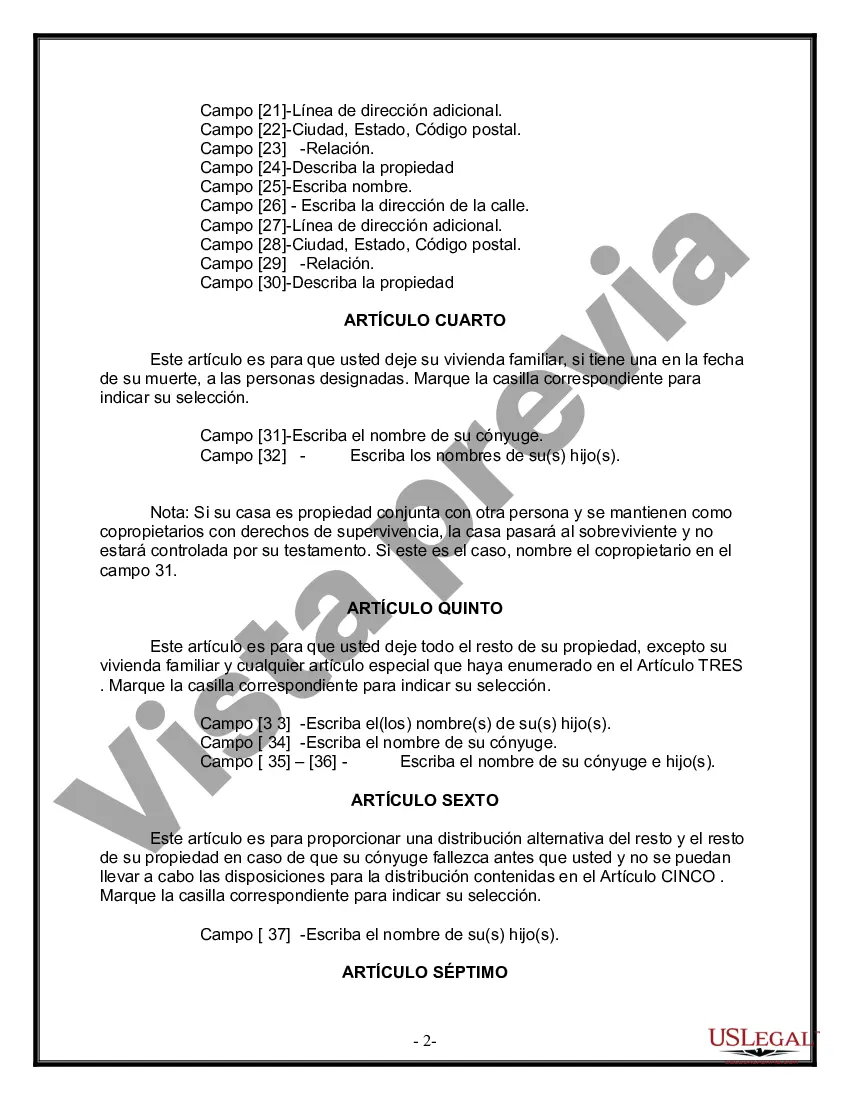 Preview Formulario Legal de Última Voluntad y Testamento para Persona Casada con Hijos Adultos y Menores de Matrimonio Anterior