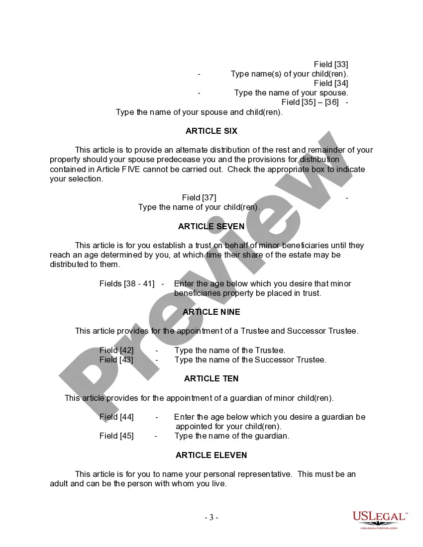 Preview Last Will and Testament for Married Person with Adult and Minor Children from Prior Marriage