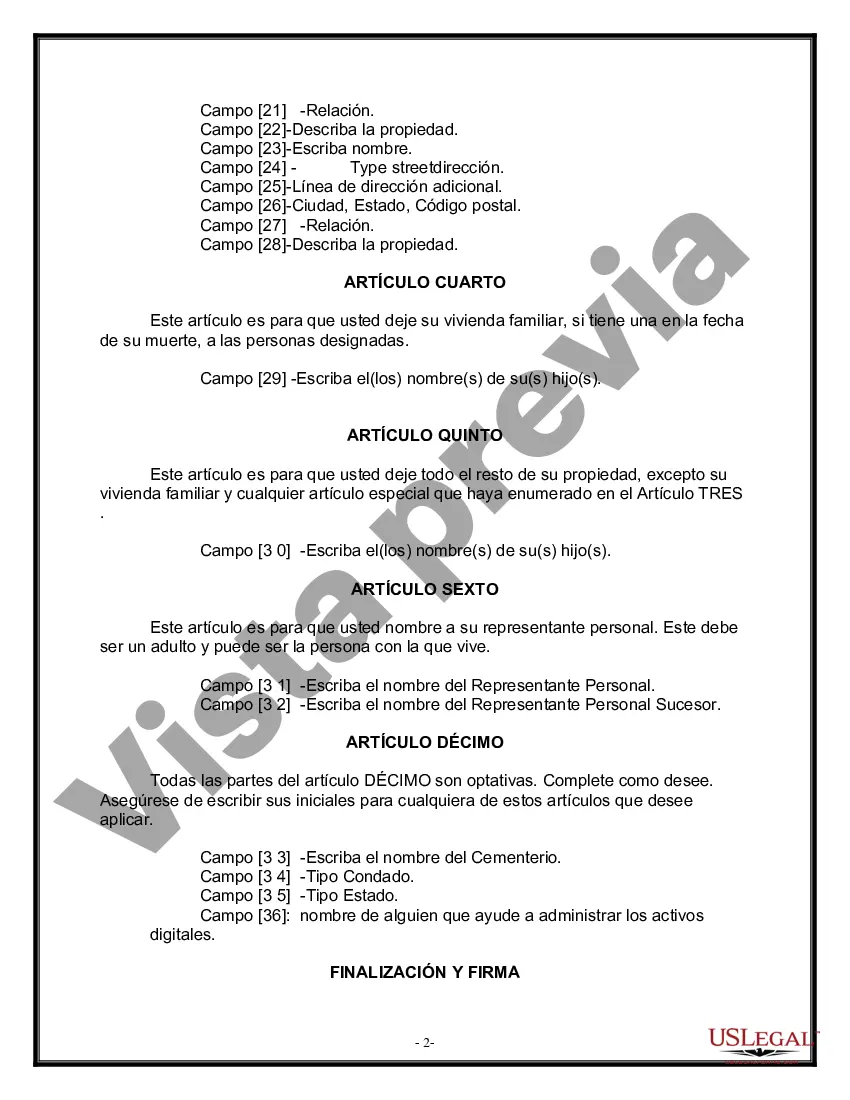 Preview Formulario de testamento y última voluntad legal para viuda o viudo con hijos adultos