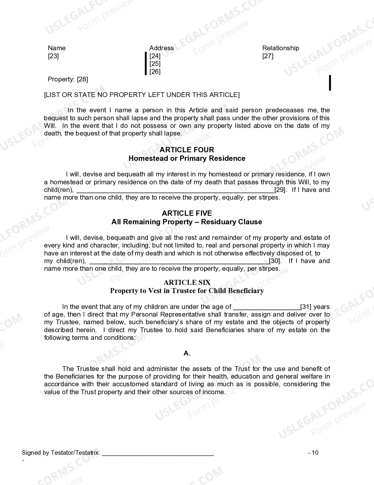 Preview Last Will and Testament for Widow or Widower with Minor Children