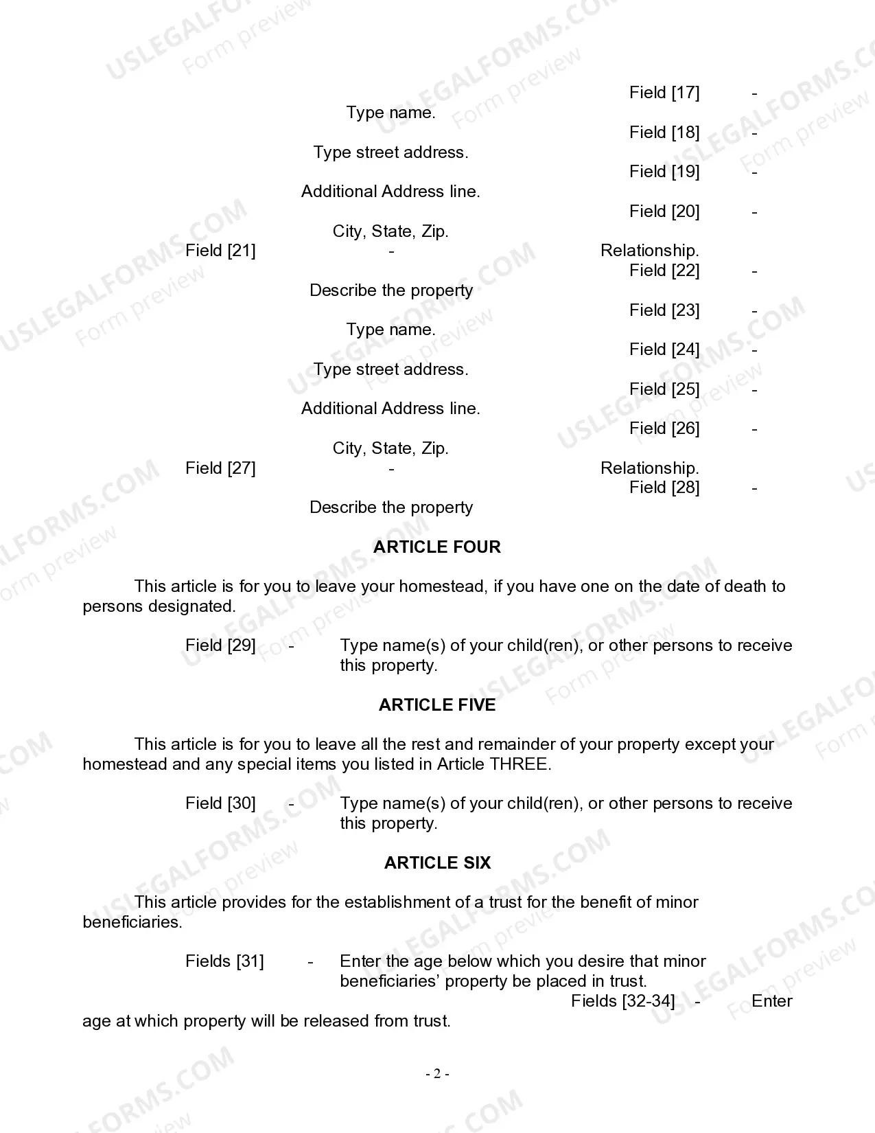 Preview Last Will and Testament for Widow or Widower with Minor Children