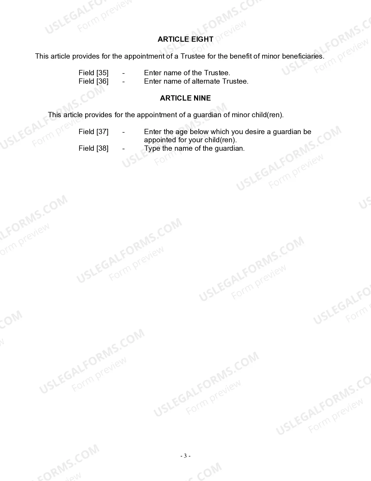 Preview Last Will and Testament for Widow or Widower with Minor Children