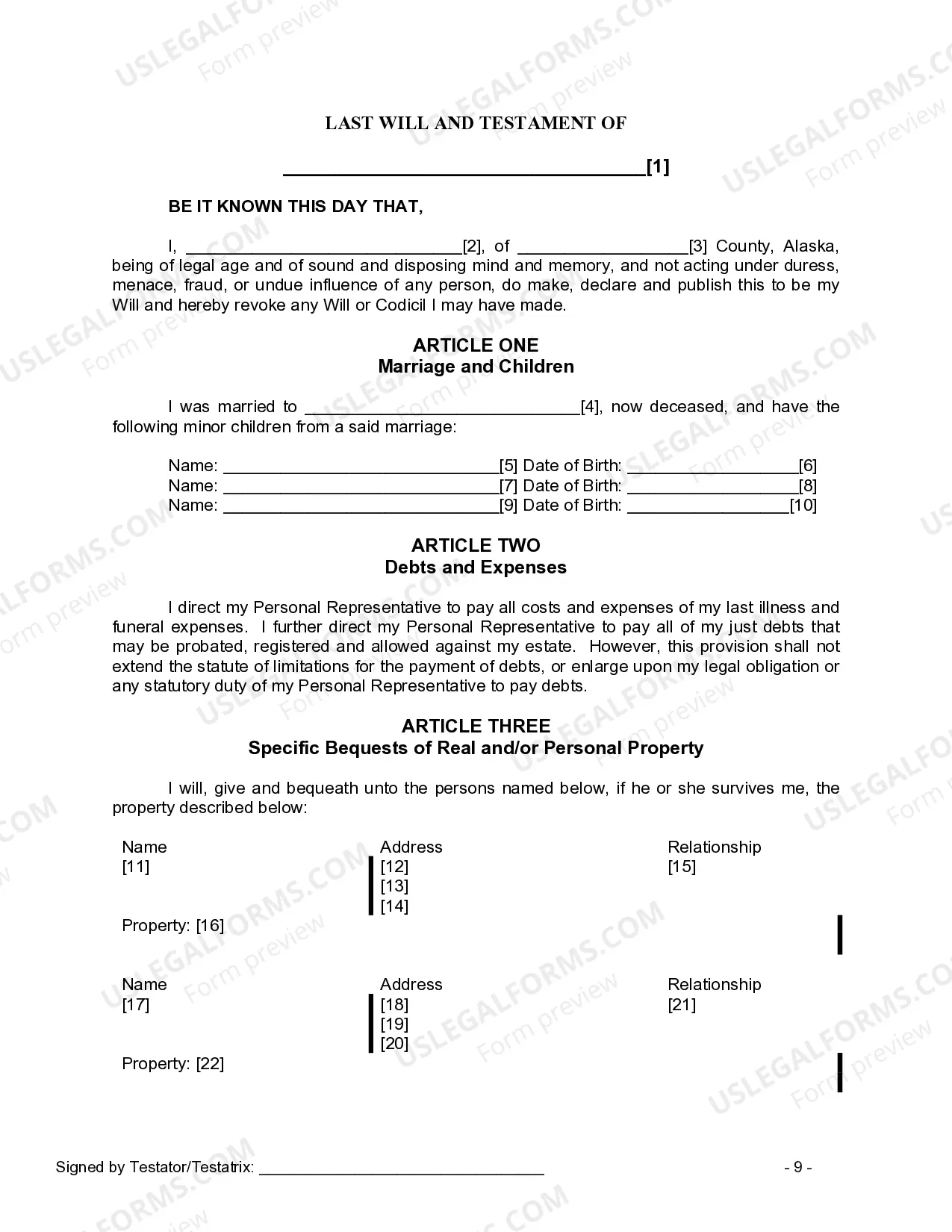 Preview Last Will and Testament for Widow or Widower with Minor Children