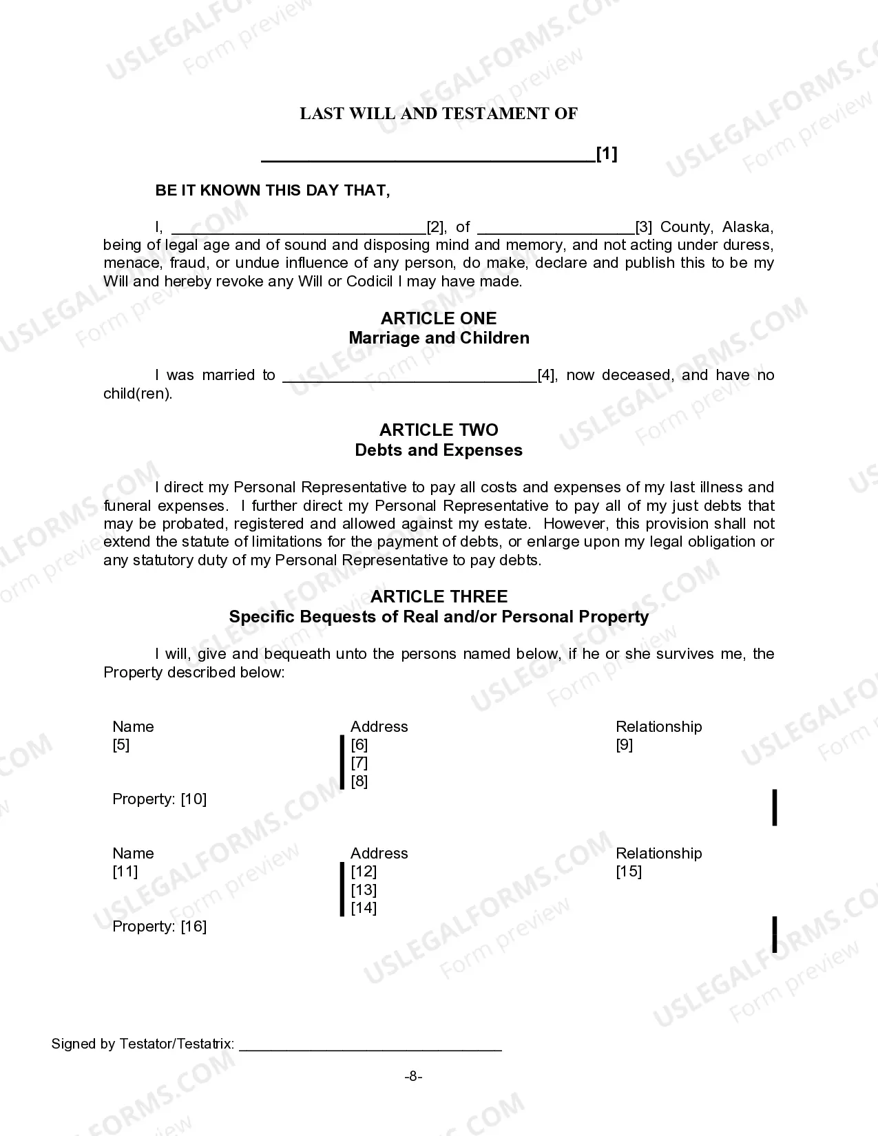 Preview Last Will for a Widow or Widower with no Children
