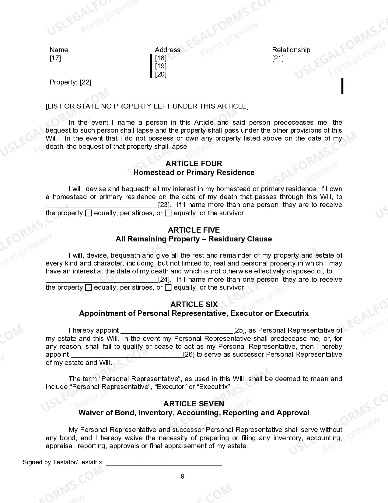 Preview Last Will for a Widow or Widower with no Children