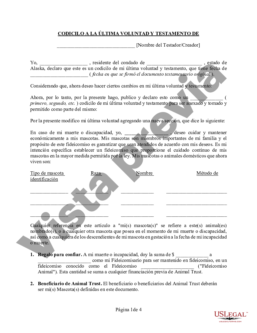 Alaska Codicilo Al Formulario De Testamento Para Enmendar Su Testamento 