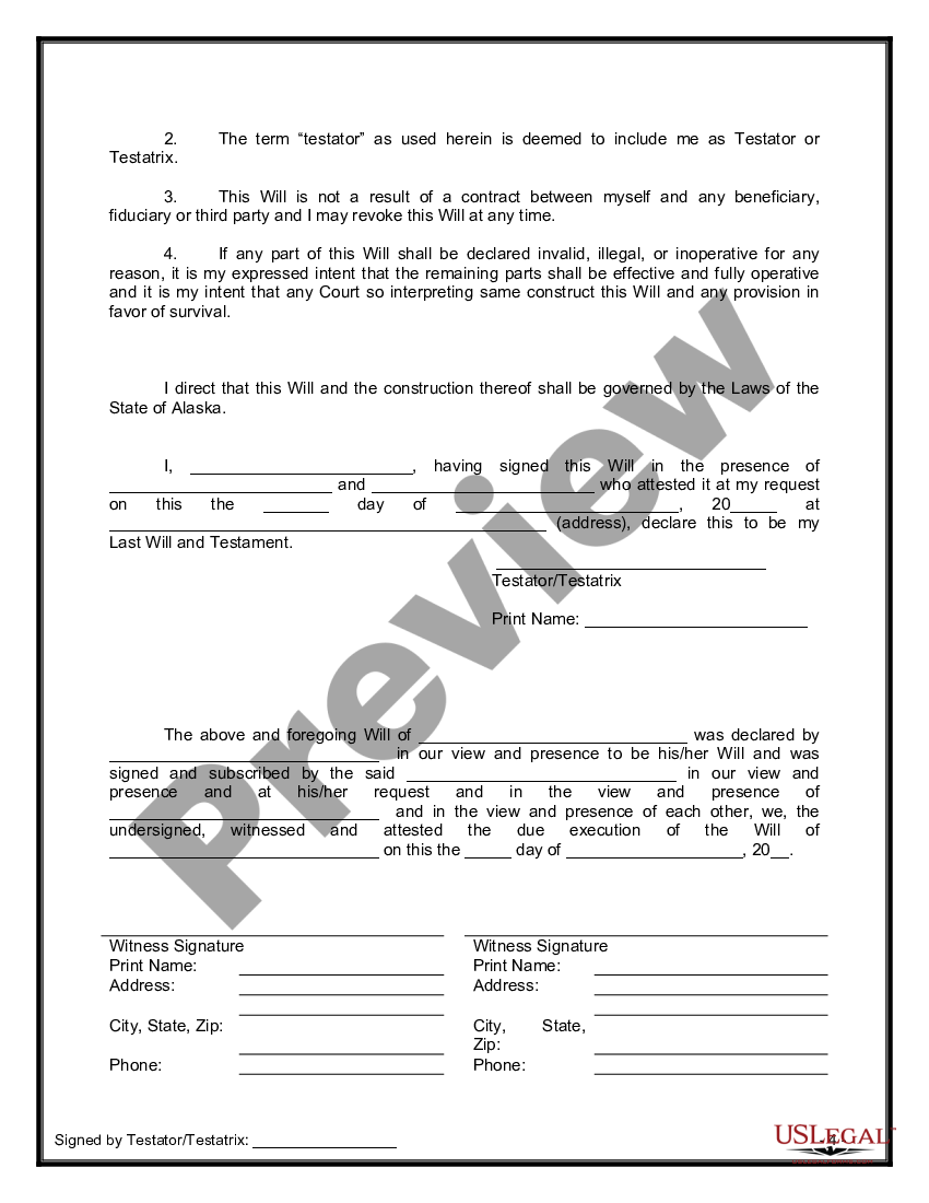 Alaska Legal Last Will and Testament Form with All Property to Trust ...