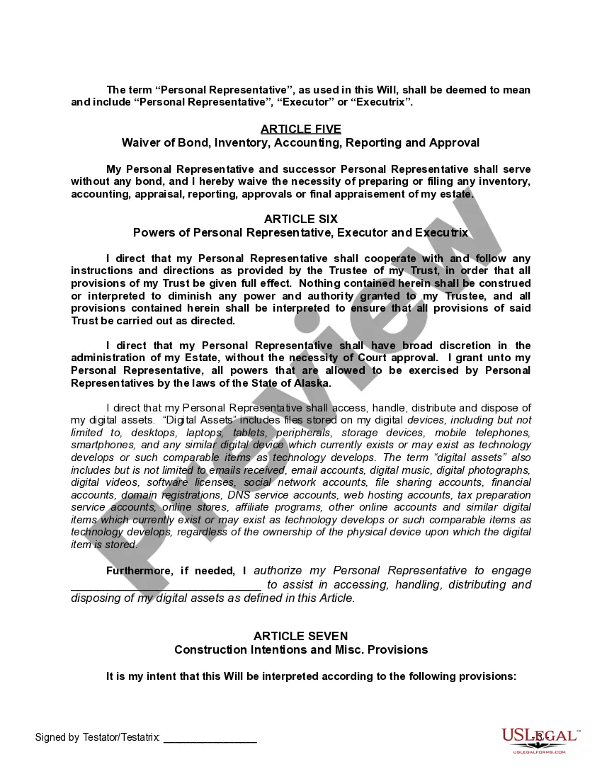 Preview Last Will and Testament with All Property to Trust called a Pour Over Will