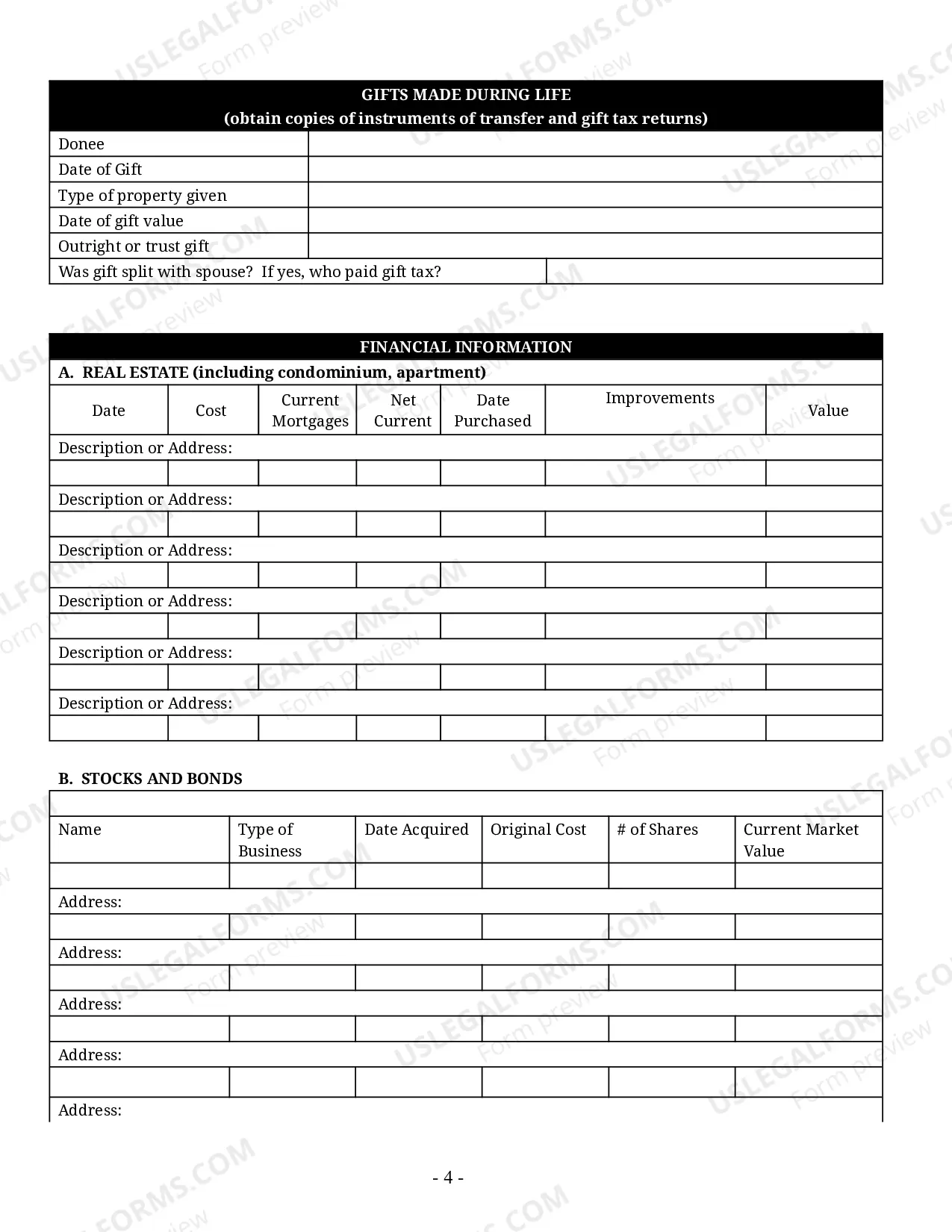 Preview Estate Planning Questionnaire and Worksheets