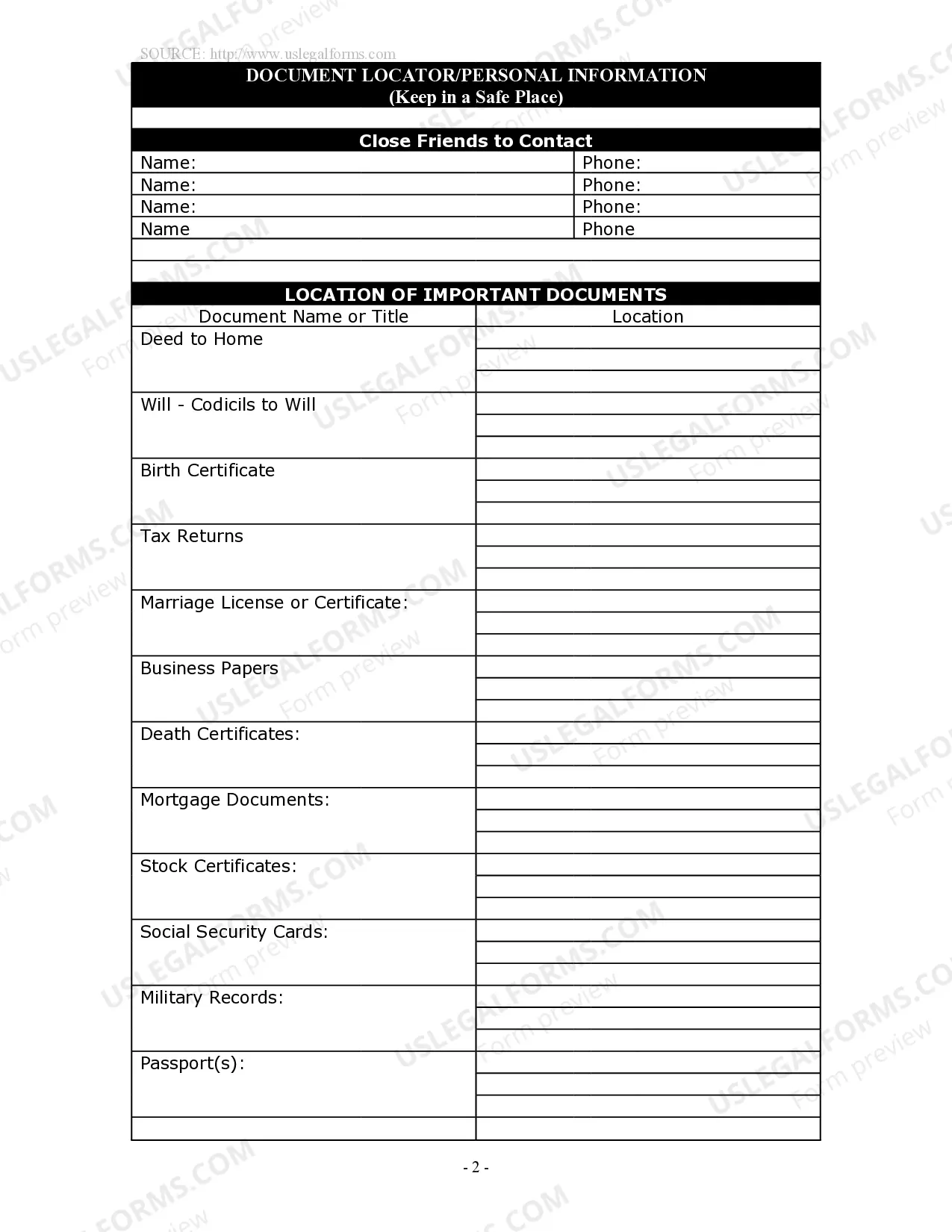 Preview Document Locator and Personal Information Package including burial information form
