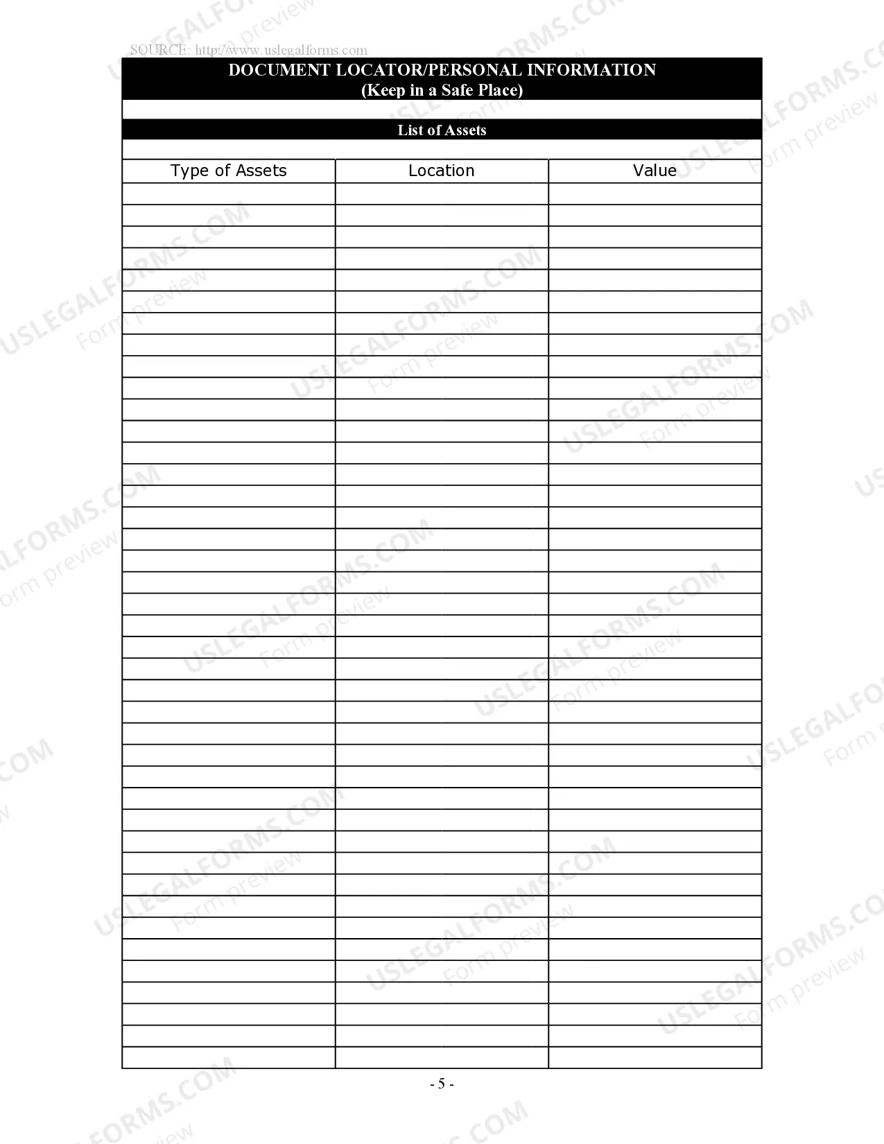 Preview Document Locator and Personal Information Package including burial information form