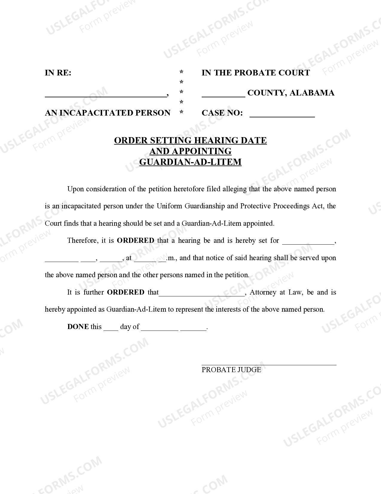 Alabama Order Setting Date and Appointing Guardian Ad Litem Guardian