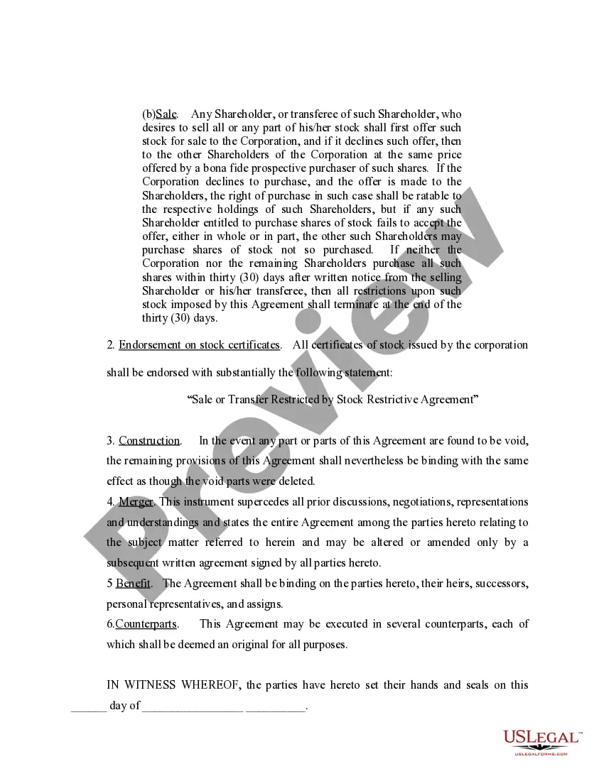 Preview Stock Restrictive Agreement