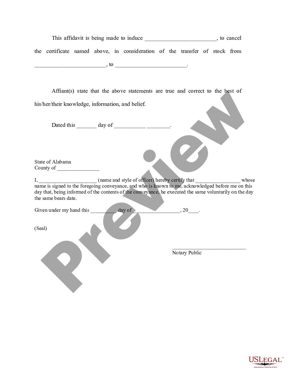 page 1 Stockholder's Affidavit Regarding Lost Certificate preview