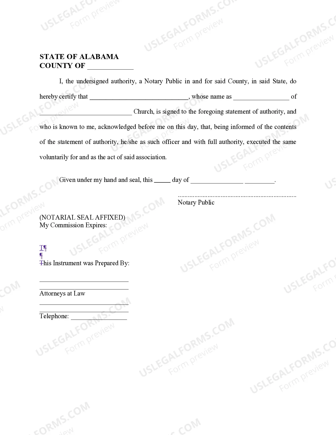Preview Unincorporated Church - Land Transfer Statement of Authority