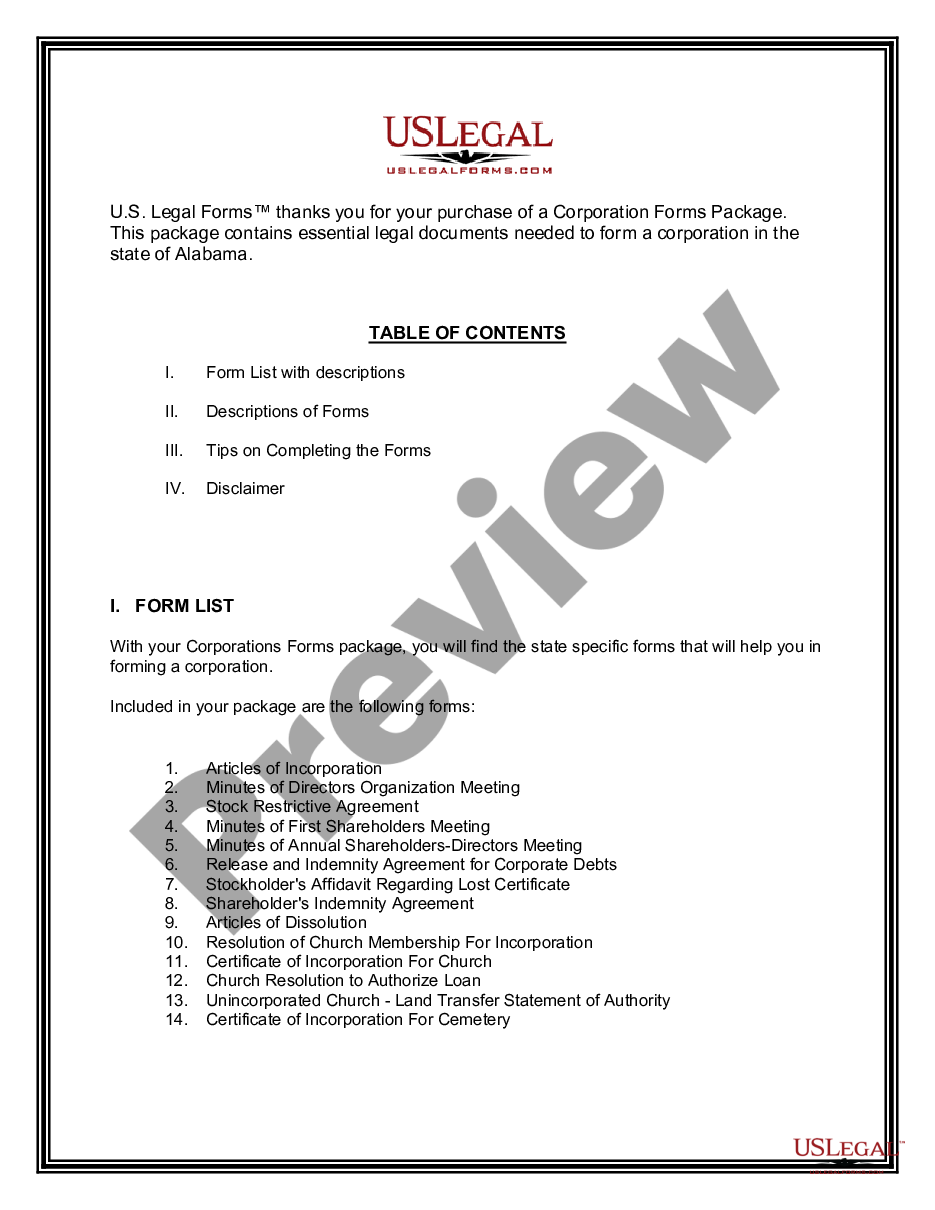 page 1 Alabama Corporations Forms Package preview