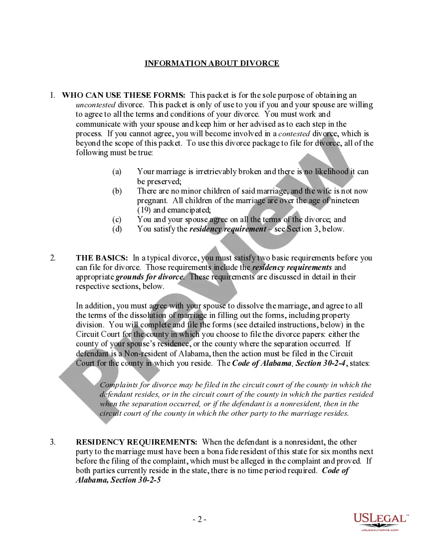 Get Alabama No-Fault Uncontested Agreed Divorce Package for Dissolution of Marriage with Adult Children and with or without Property and Debts Preview Alabama No-Fault Uncontested Agreed Divorce Package for Dissolution of Marriage with Adult Children and with or without Property and Debts