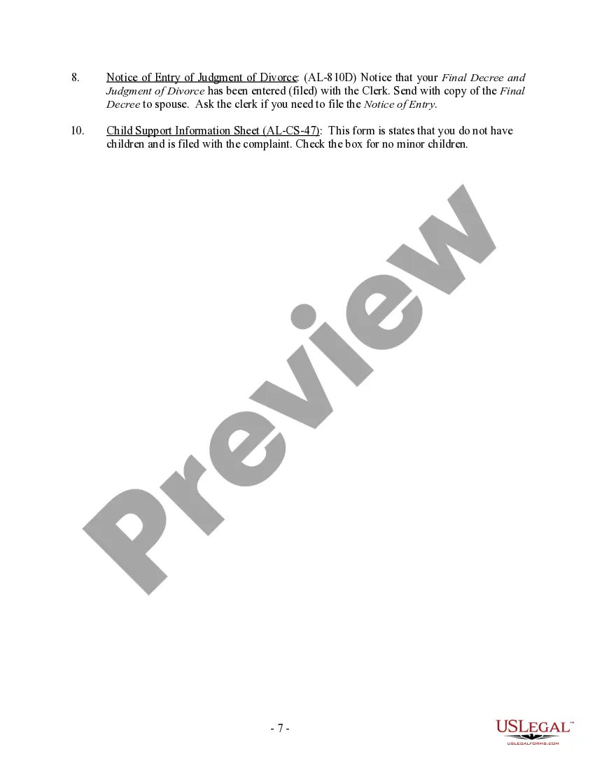 Get Alabama No-Fault Uncontested Agreed Divorce Package for Dissolution of Marriage with Adult Children and with or without Property and Debts Preview Alabama No-Fault Uncontested Agreed Divorce Package for Dissolution of Marriage with Adult Children and with or without Property and Debts