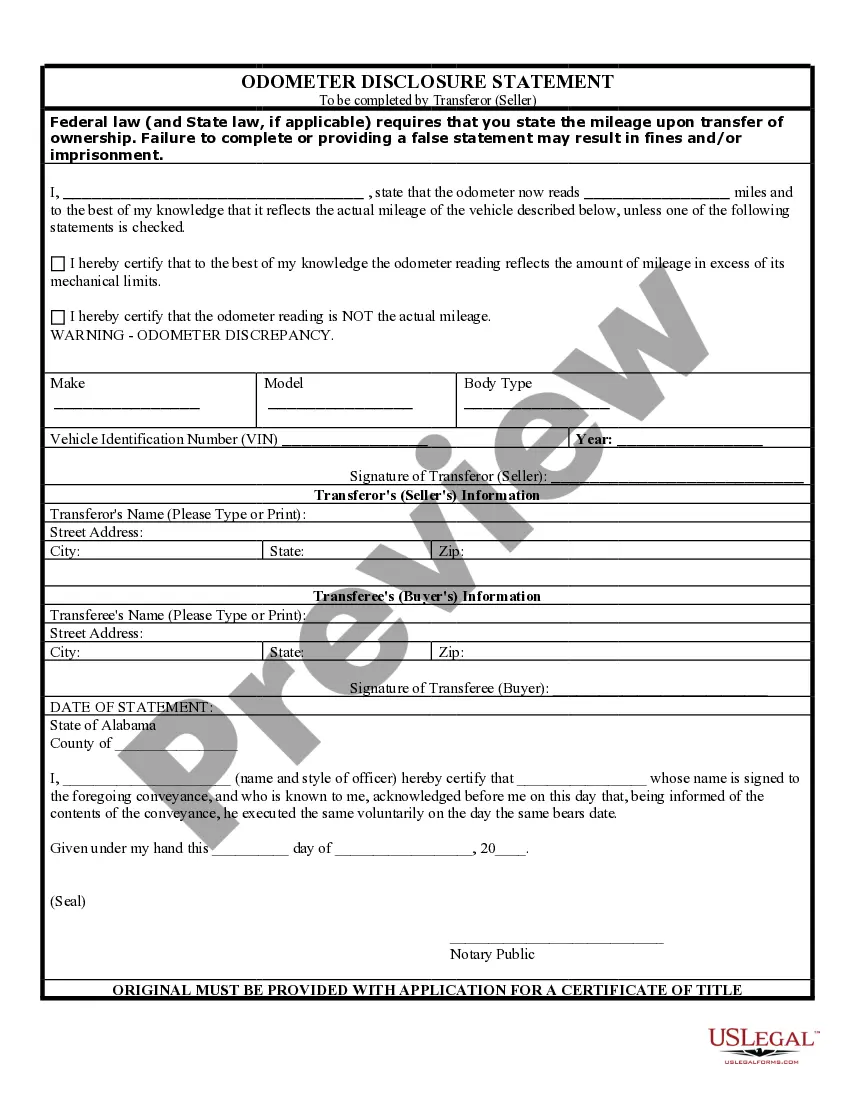 Preview Bill of Sale of Automobile and Odometer Statement