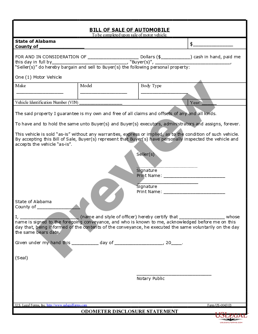 Alabama Bill of Sale of Automobile and Odometer Statement for As Bill