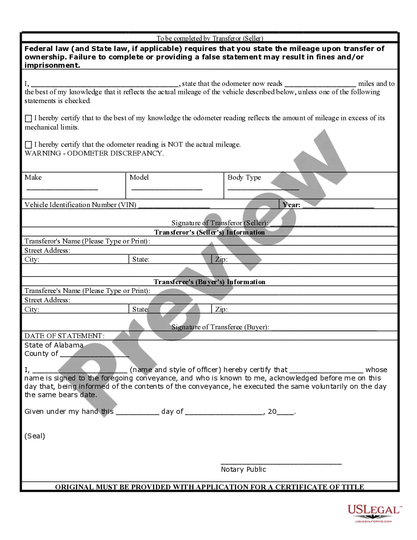 Preview Bill of Sale of Automobile and Odometer Statement for As-Is Sale