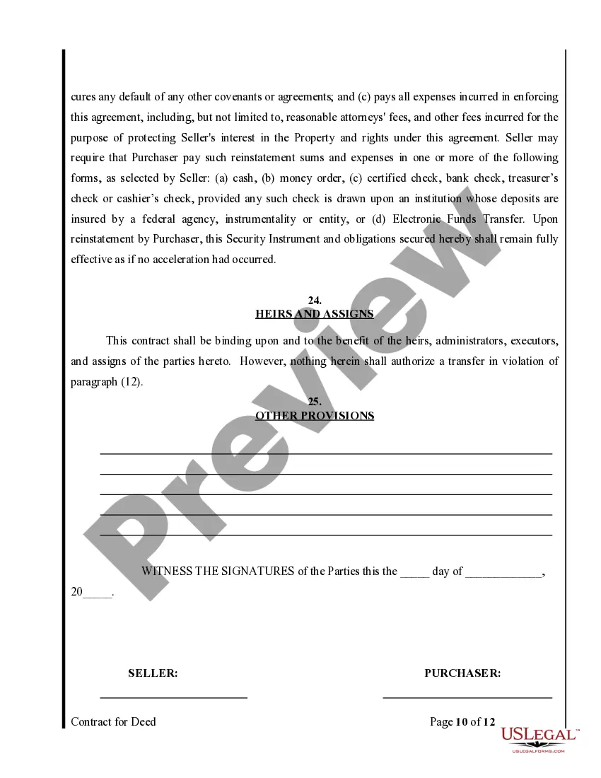 Preview Agreement or Contract for Deed for Sale and Purchase of Real Estate a/k/a Land or Executory Contract