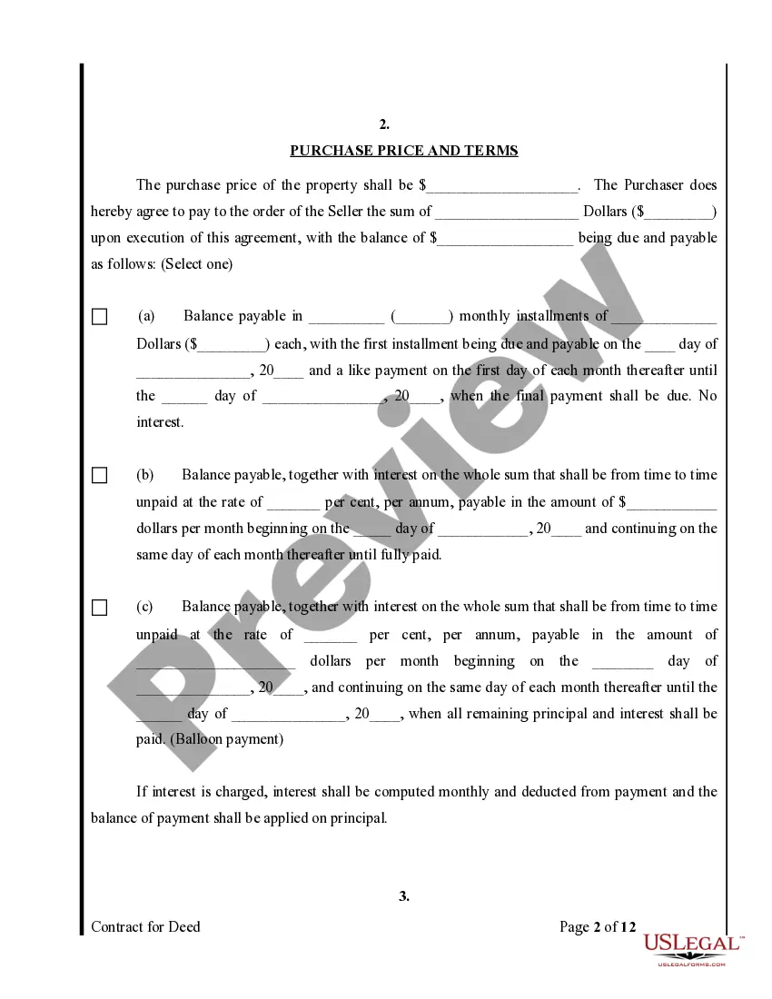 Preview Agreement or Contract for Deed for Sale and Purchase of Real Estate a/k/a Land or Executory Contract