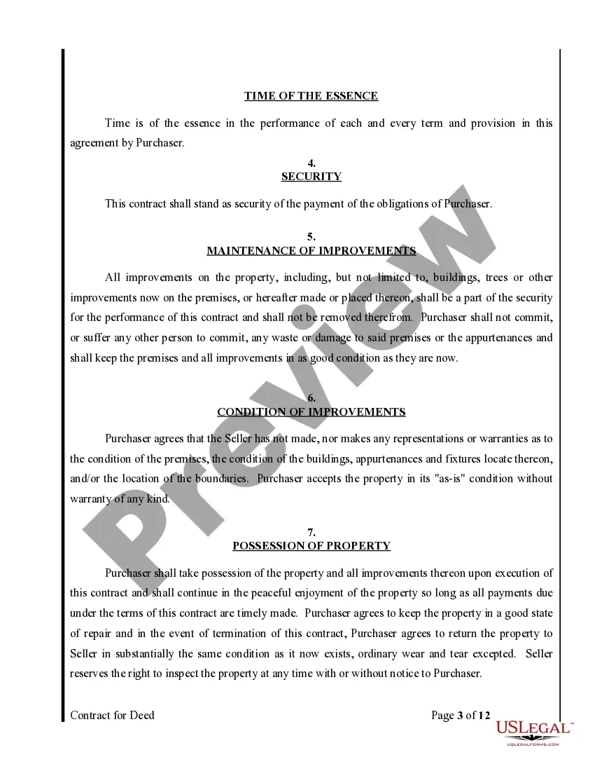 Preview Agreement or Contract for Deed for Sale and Purchase of Real Estate a/k/a Land or Executory Contract