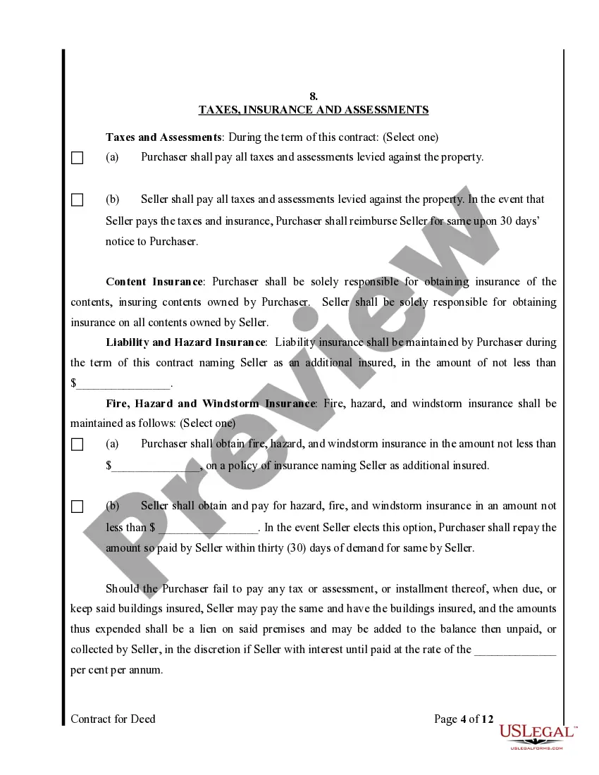 Preview Agreement or Contract for Deed for Sale and Purchase of Real Estate a/k/a Land or Executory Contract