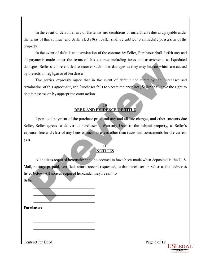 Preview Agreement or Contract for Deed for Sale and Purchase of Real Estate a/k/a Land or Executory Contract