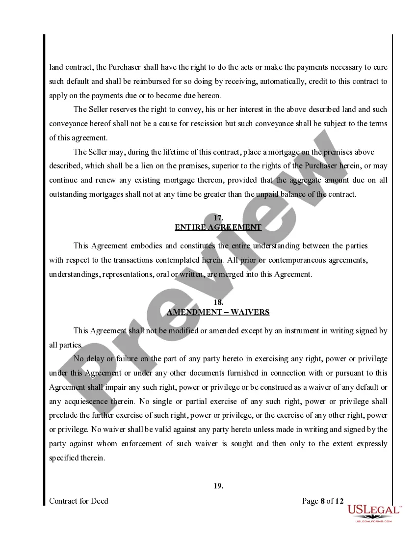 Preview Agreement or Contract for Deed for Sale and Purchase of Real Estate a/k/a Land or Executory Contract