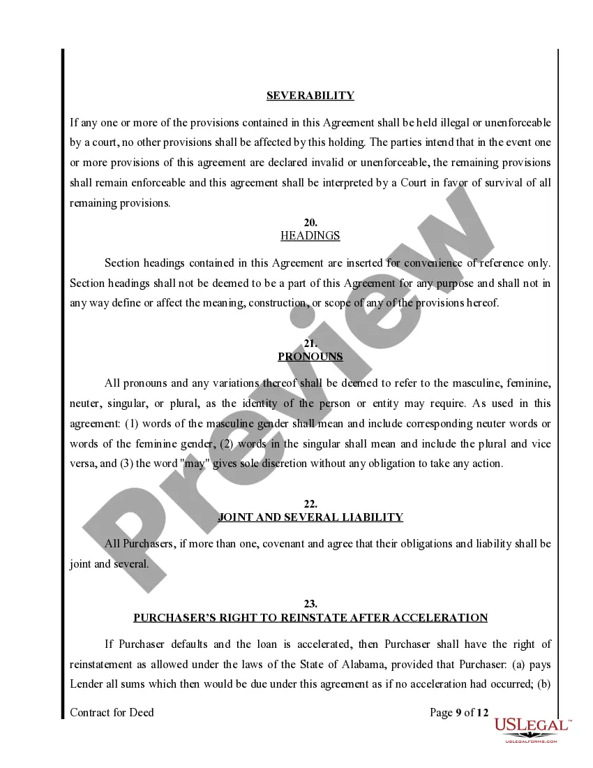 Preview Agreement or Contract for Deed for Sale and Purchase of Real Estate a/k/a Land or Executory Contract