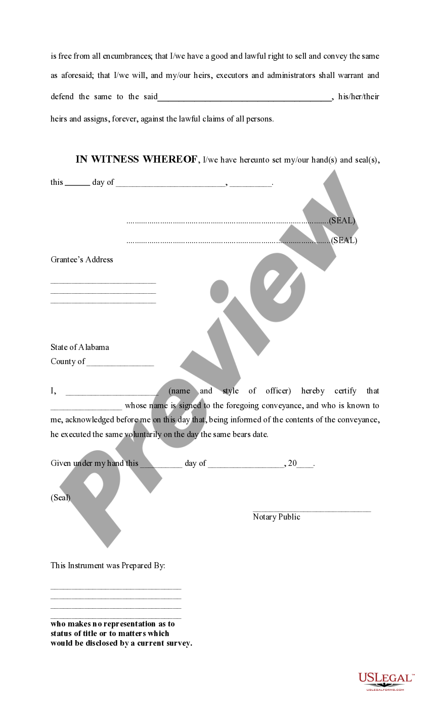 Alabama Deed Reserving Life Estate and Lifetime Timber and Mineral