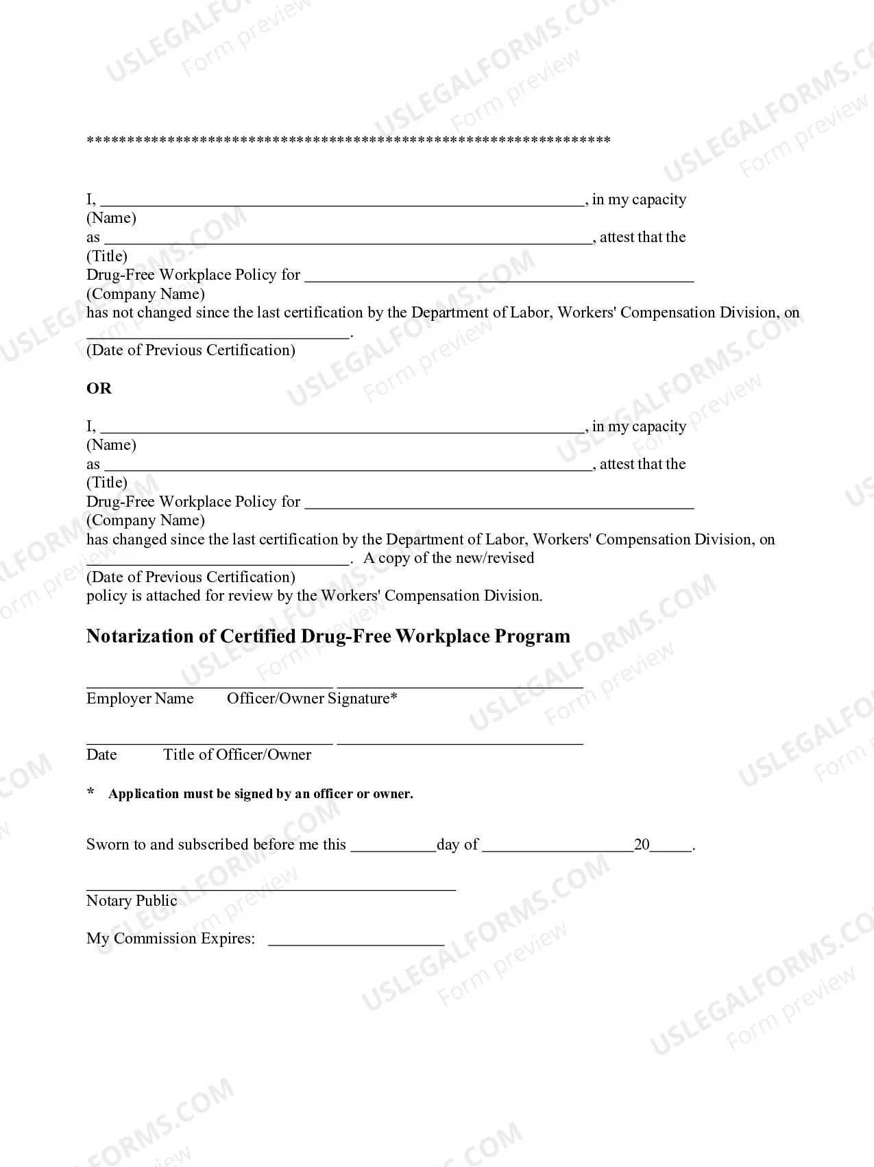 Preview Application For Recertification of Drug Free Workplace Premium Credit Program