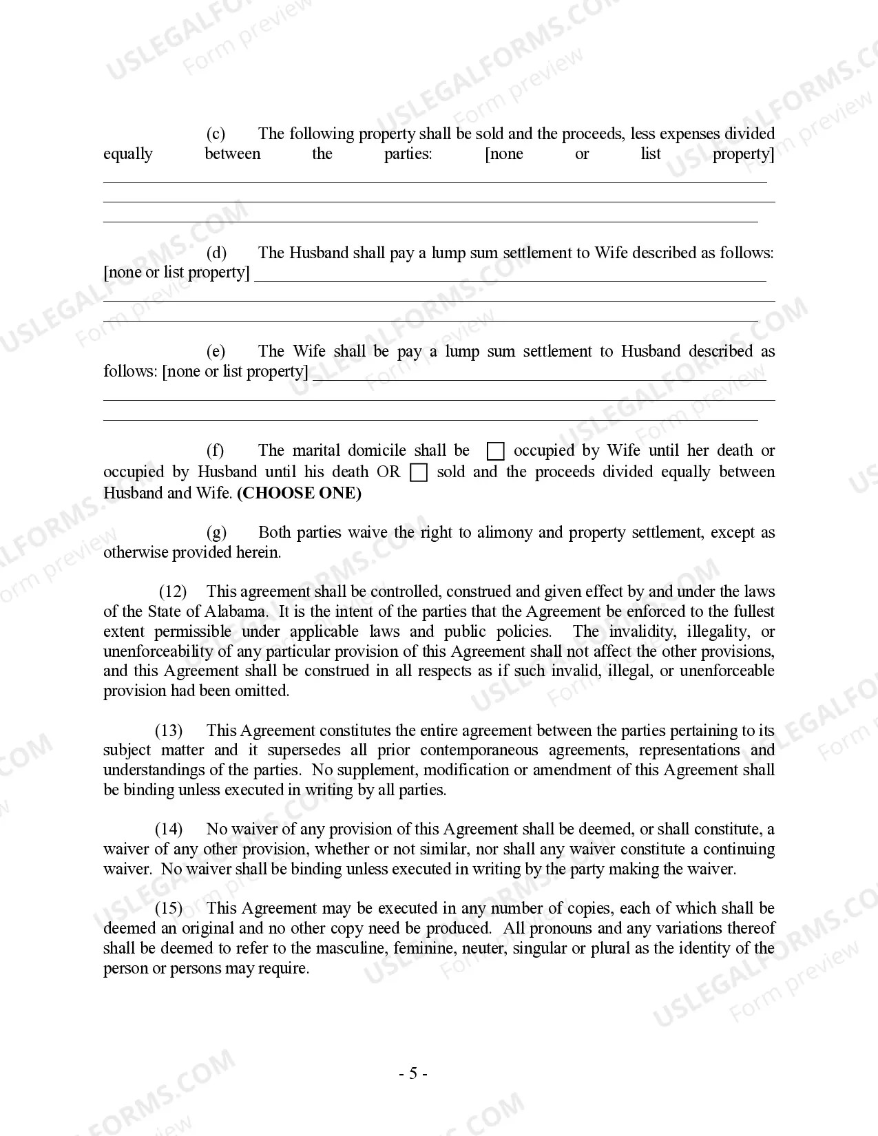 Preview Alabama Prenuptial Premarital Agreement without Financial Statements