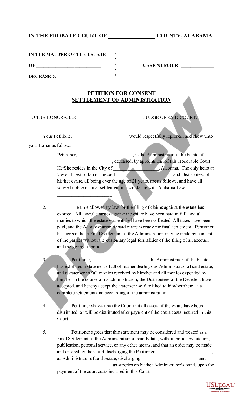 page 0 Petition For Consent Settlement of Administration preview