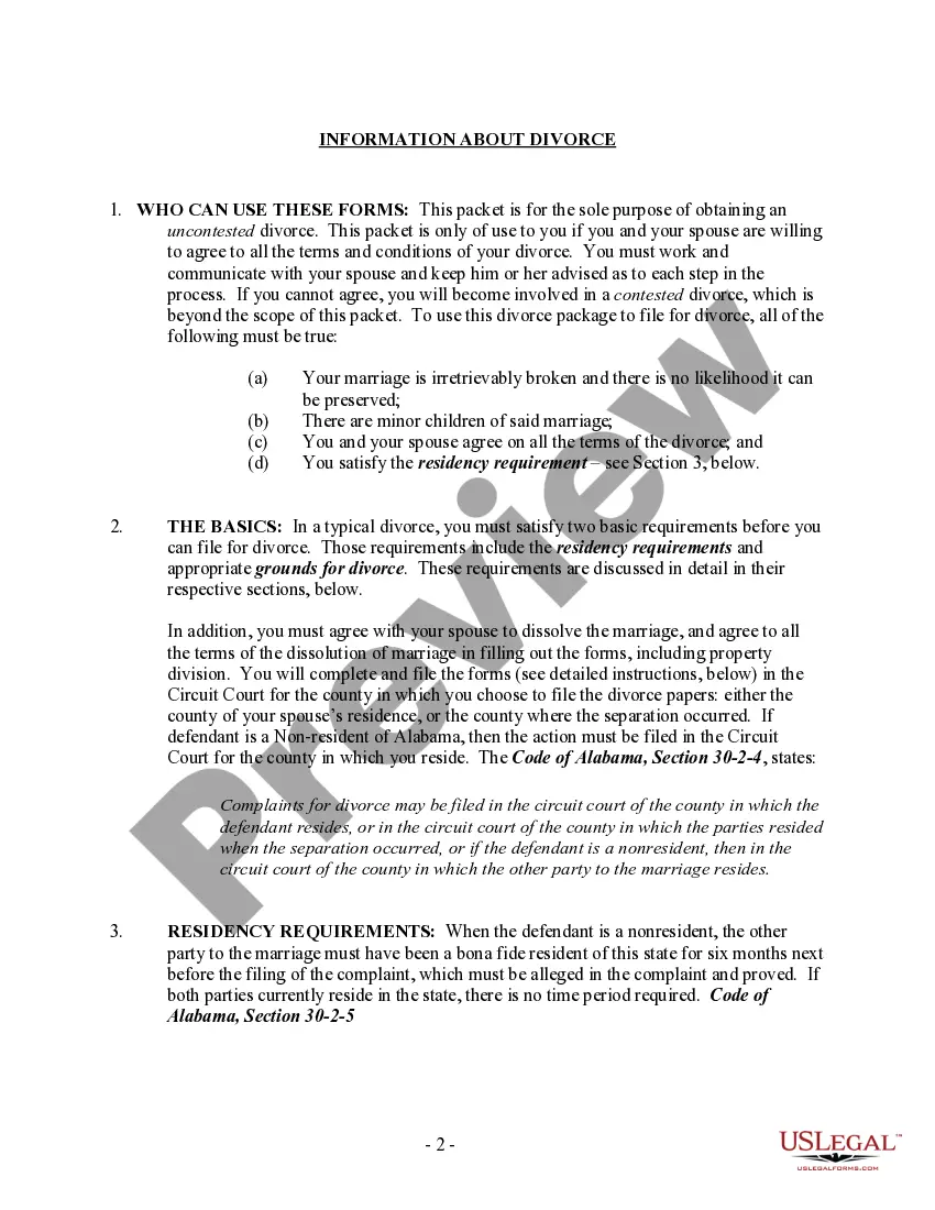 Preview Alabama No-Fault Agreed Uncontested Divorce Package for Dissolution of Marriage for people with Minor Children