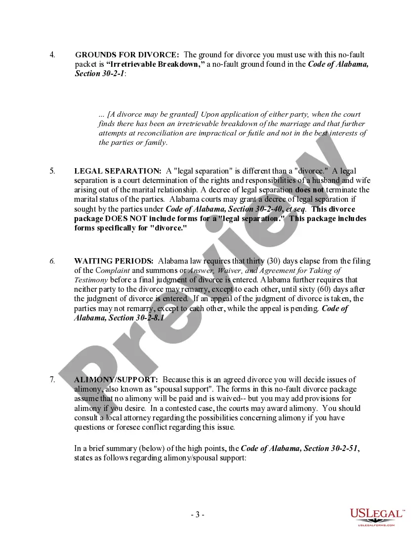 Preview Alabama No-Fault Agreed Uncontested Divorce Package for Dissolution of Marriage for people with Minor Children