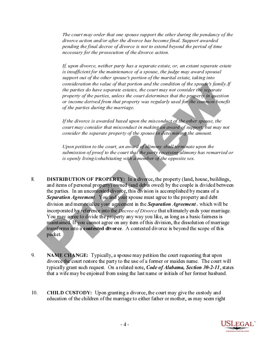 Preview Alabama No-Fault Agreed Uncontested Divorce Package for Dissolution of Marriage for people with Minor Children