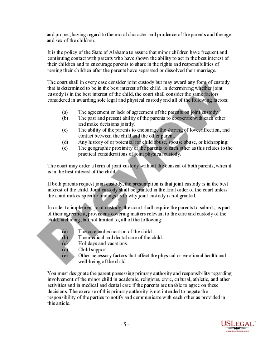Preview Alabama No-Fault Agreed Uncontested Divorce Package for Dissolution of Marriage for people with Minor Children