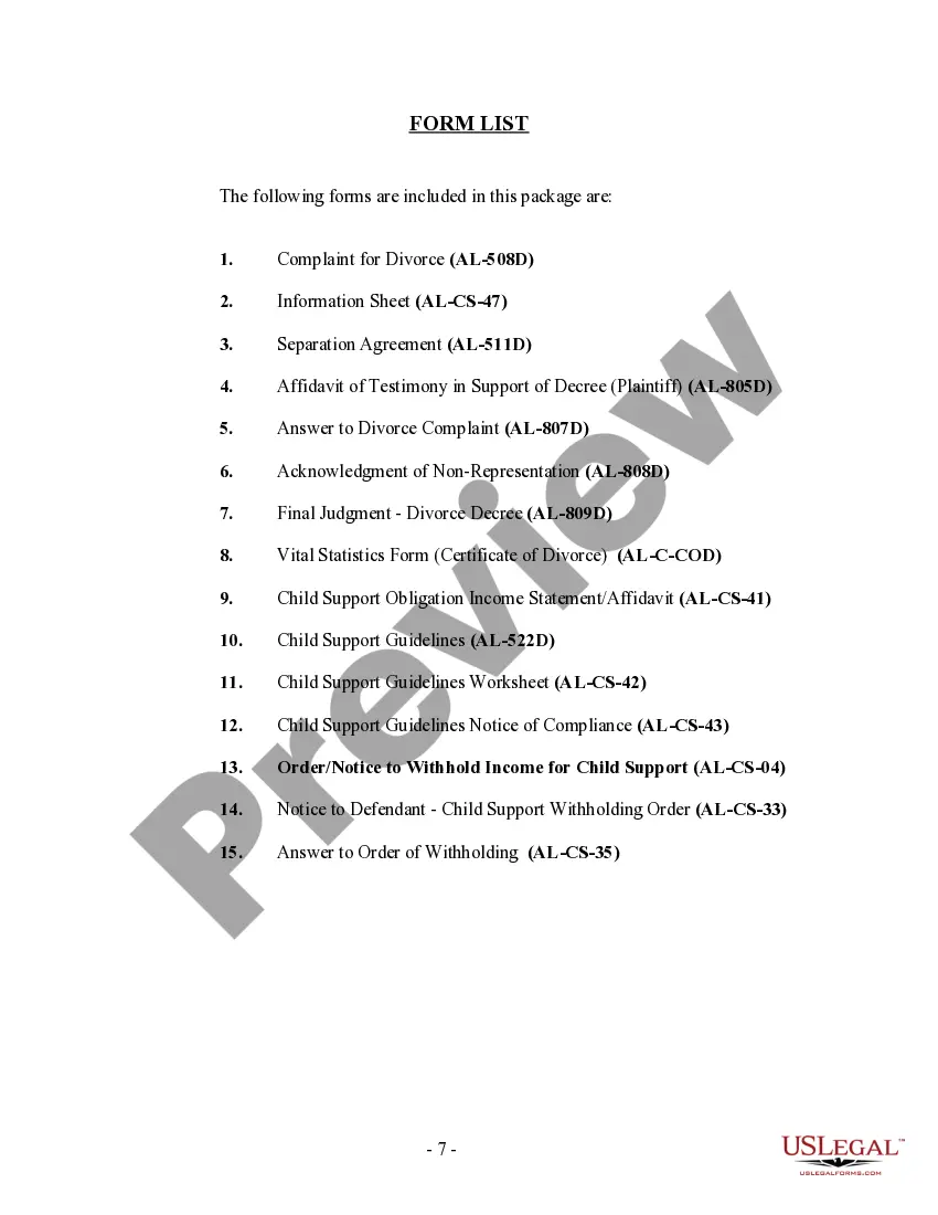 Preview Alabama No-Fault Agreed Uncontested Divorce Package for Dissolution of Marriage for people with Minor Children