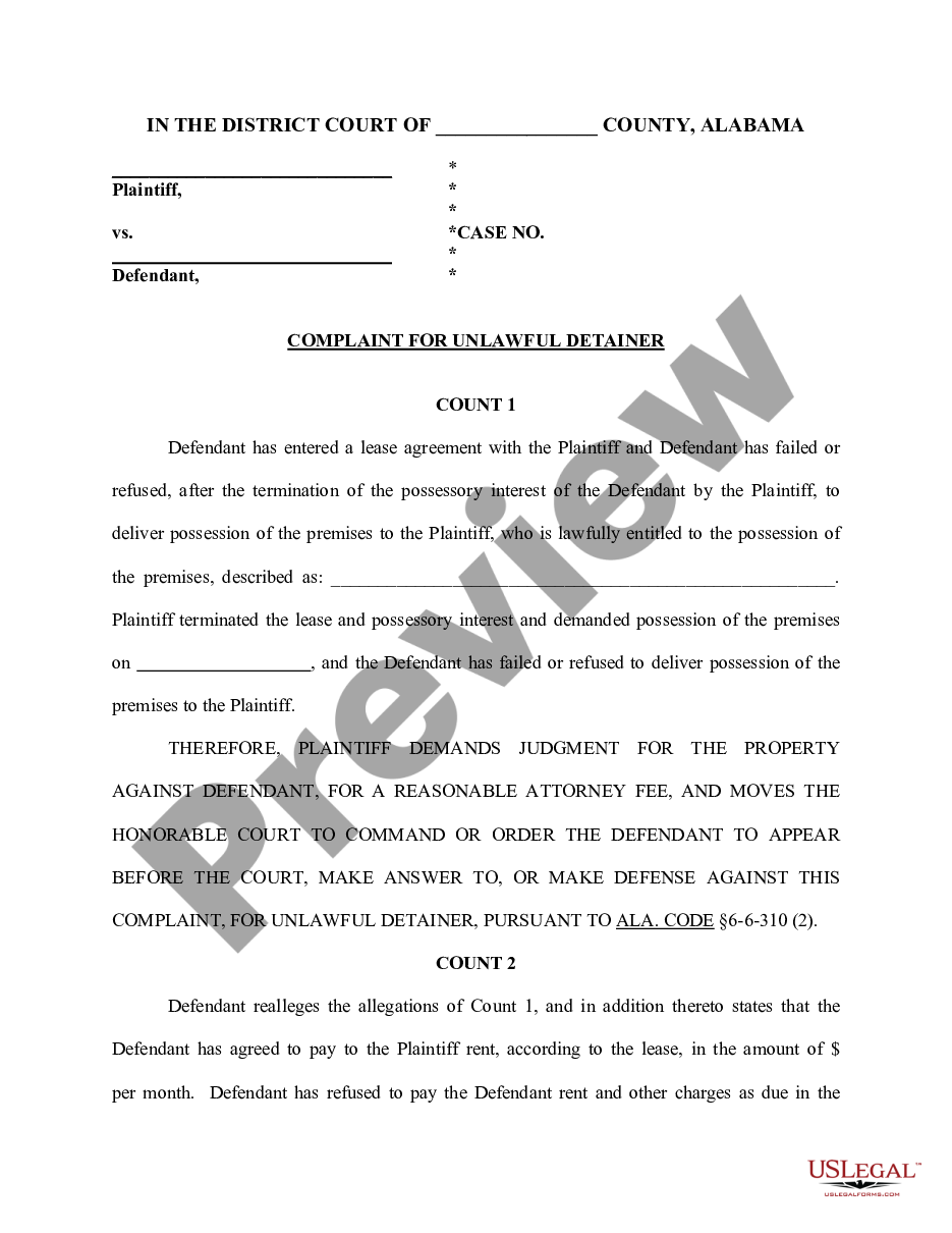 page 0 Complaint For Unlawful Detainer preview
