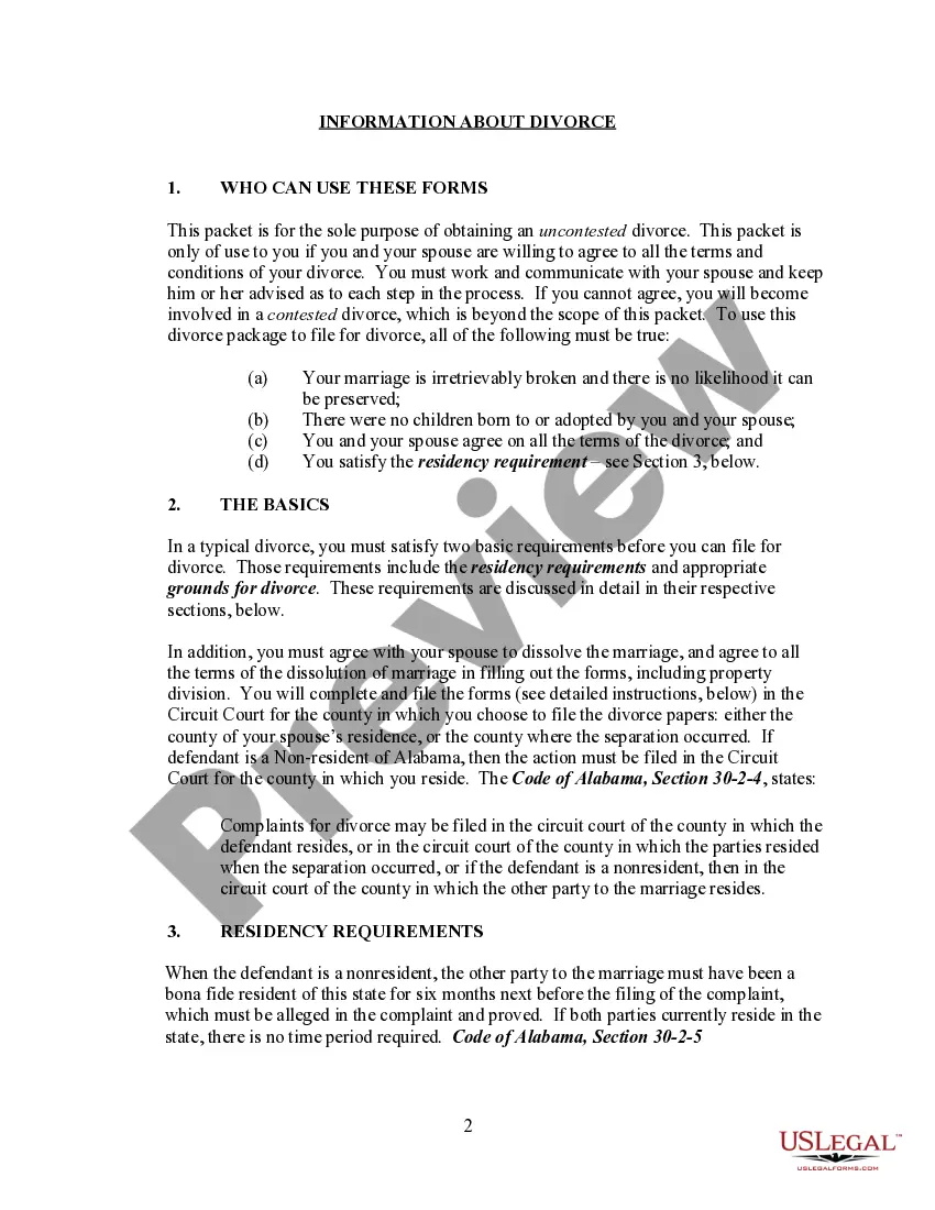 Preview Alabama No-Fault Agreed Uncontested Divorce Package for Dissolution of Marriage for Persons with No Children with or without Property and Debts