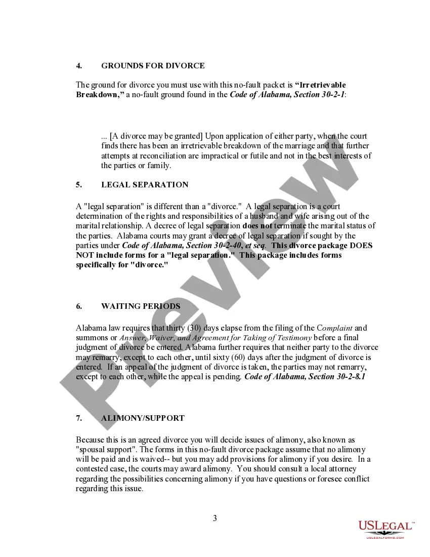 Preview Alabama No-Fault Agreed Uncontested Divorce Package for Dissolution of Marriage for Persons with No Children with or without Property and Debts