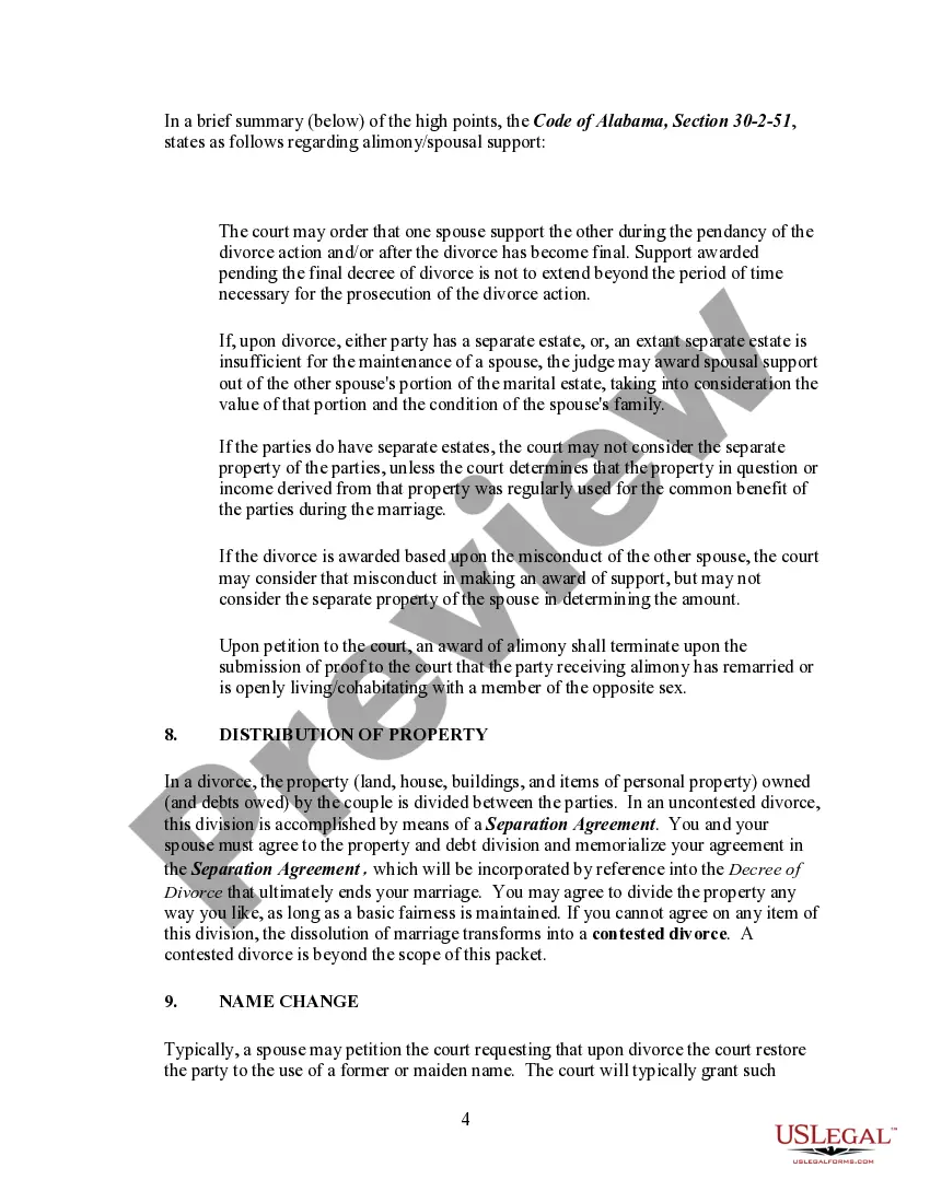 Preview Alabama No-Fault Agreed Uncontested Divorce Package for Dissolution of Marriage for Persons with No Children with or without Property and Debts