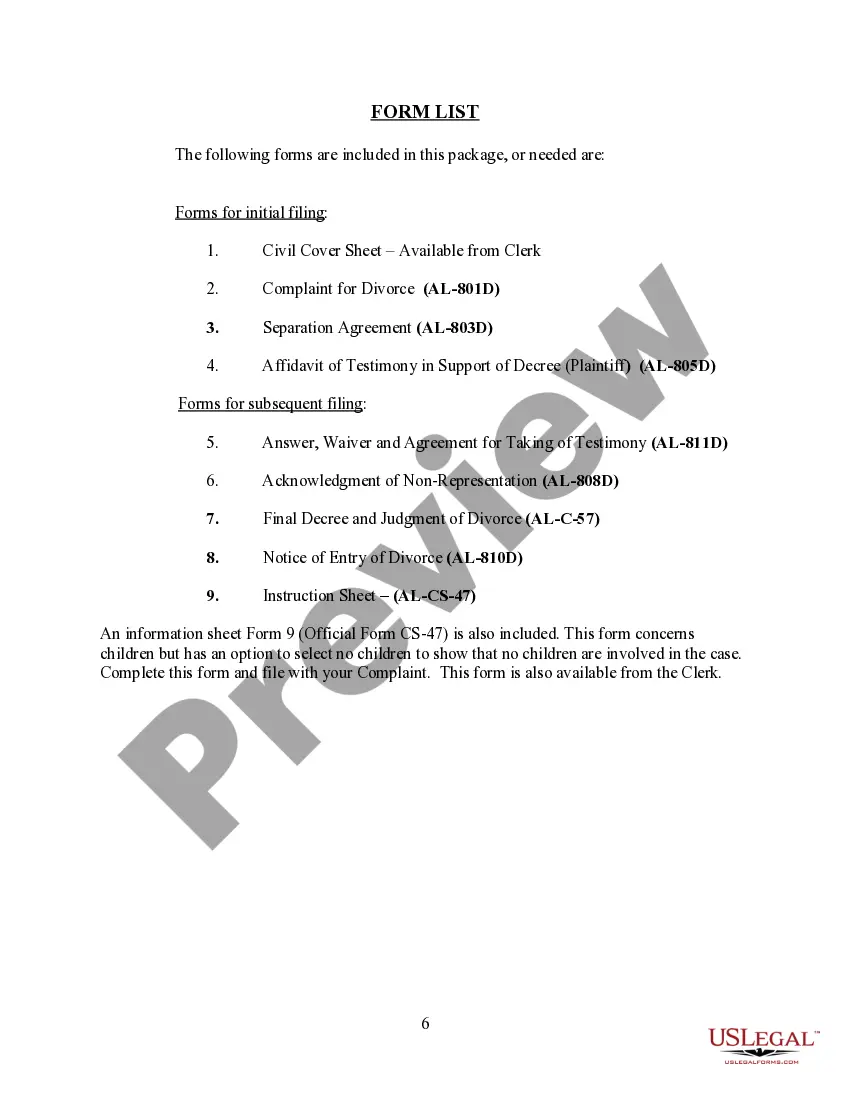 Preview Alabama No-Fault Agreed Uncontested Divorce Package for Dissolution of Marriage for Persons with No Children with or without Property and Debts